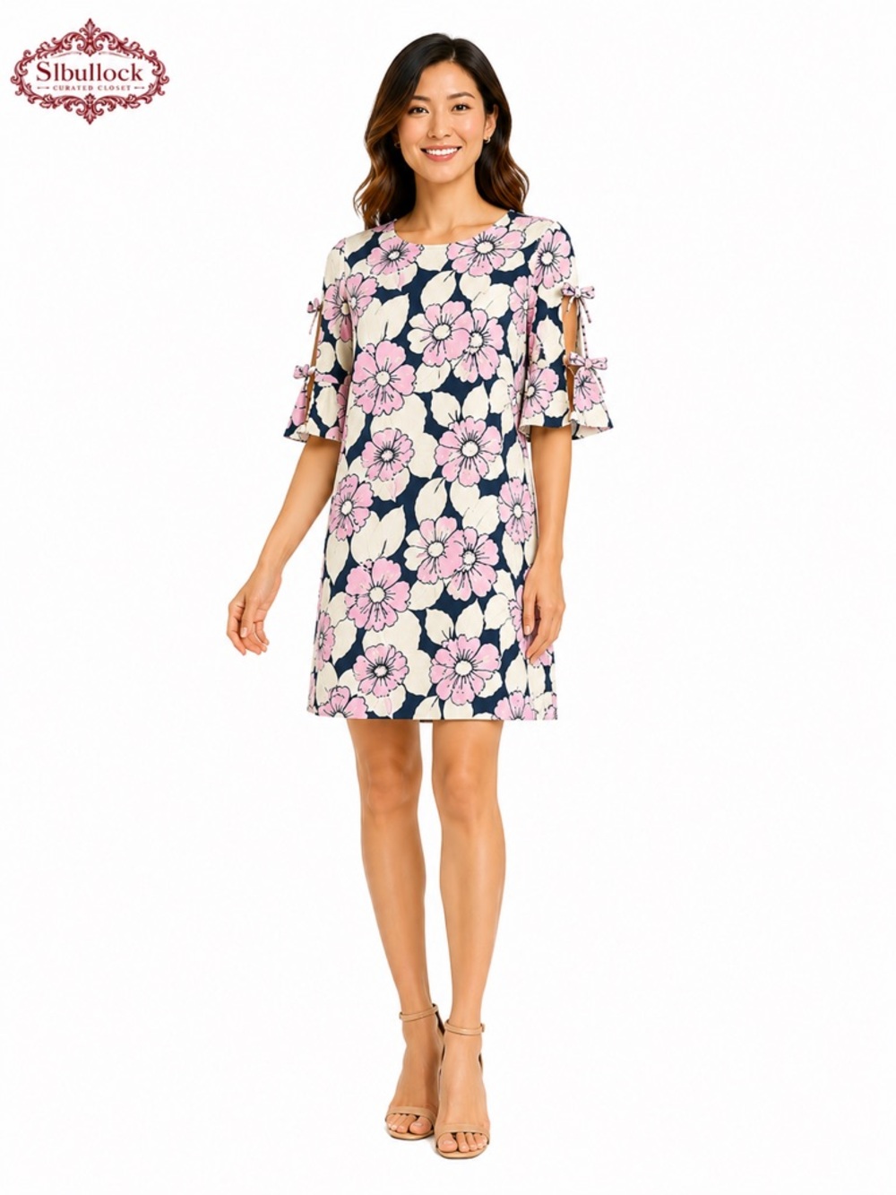 A2 Ann Taylor Petite Size 10 Floral Shift Dress Pink Navy Open Sleeve Bow Detail